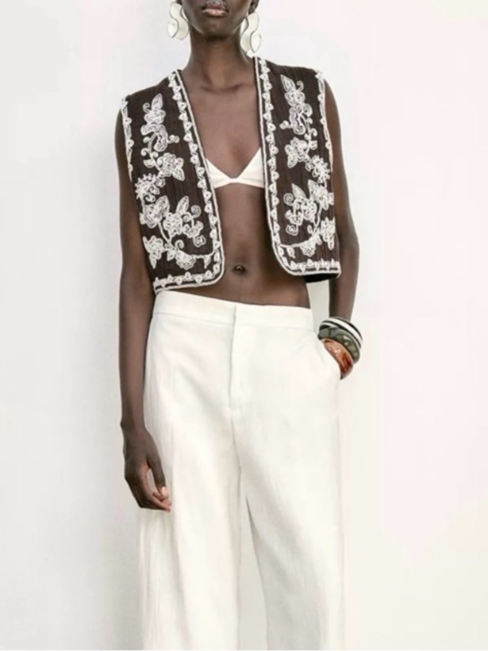 Zara Brown Cropped Embroidered Vest